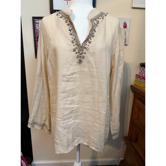 RAFAELLA Beige Embroidered Beaded Blouse100% Linen V-Neck Tiny Flaw Size 14 - Picture 3 of 16